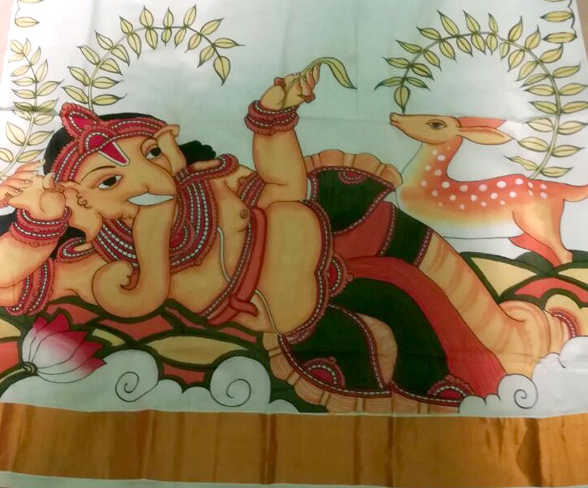 Handpainted Kerala Traditional Saree with Ganapathy Mural  Design